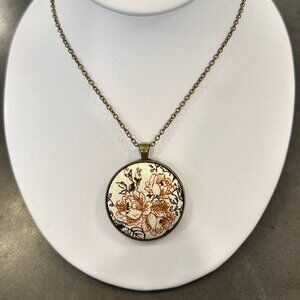 Oxidized Brass Tone Chain With Fabric Floral Pendant 30" Chain 1.5" Pendant